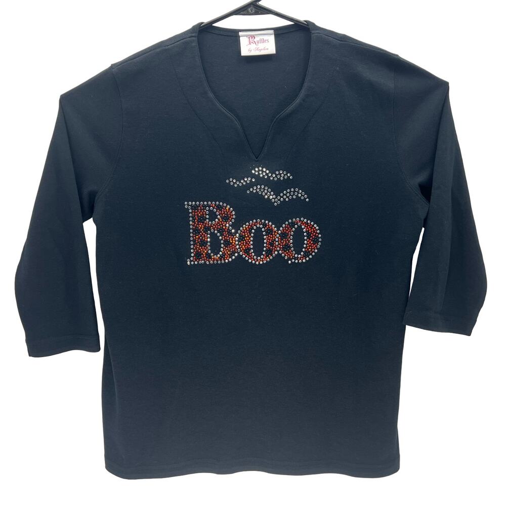 Ruffles Polyester Cotton Black Halloween Boo Elbow Sleeve Top Women L T-Shirt